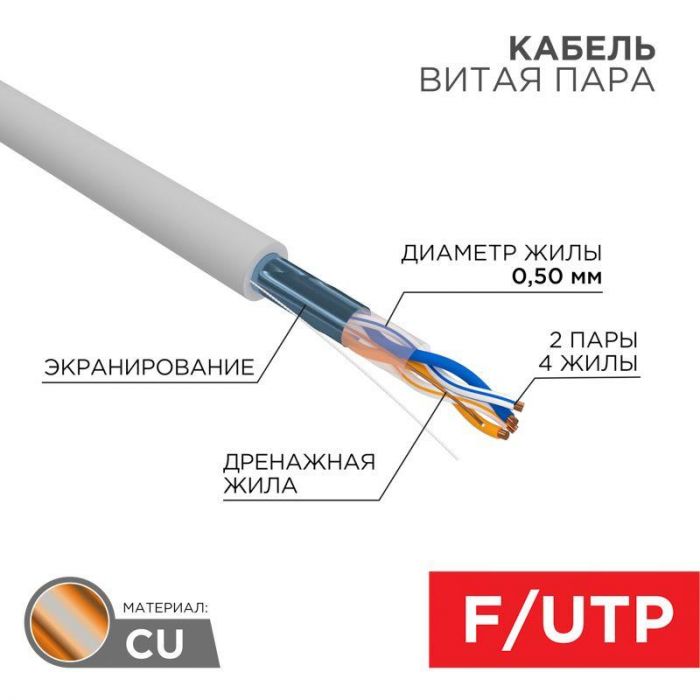 Кабель витая пара F/UTP 2х2х24AWG кат.5E solid CU PVC сер. (м) Rexant 01-0122