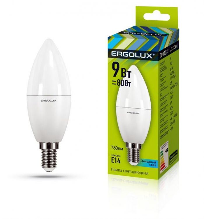 Лампа светодиодная LED-C35-9W-E14-4К Свеча 9Вт E14 4000К 172-265В Ergolux 13168