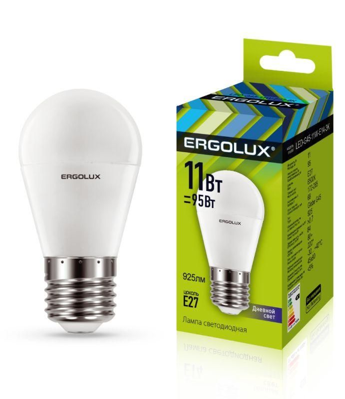 Лампа светодиодная LED-G45-11W-E27-6K Шар 11Вт E27 6500К 172-265В Ergolux 13632