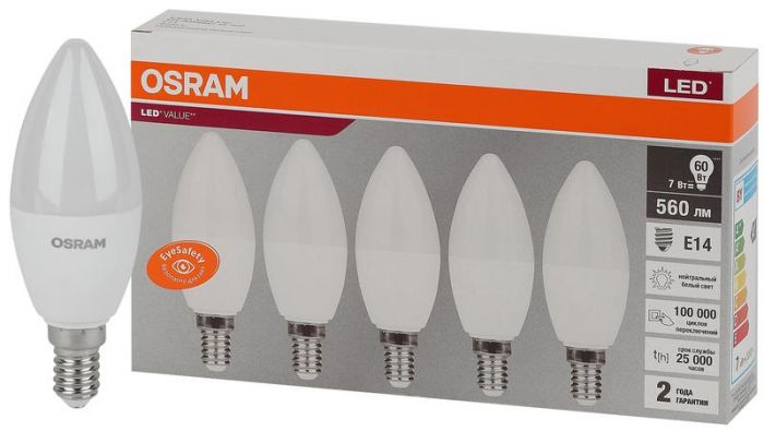 Лампа светодиодная LED Value LVCLB60 7SW/840 свеча матовая E14 230В 2х5 RU (уп.5шт) OSRAM 4058075577954