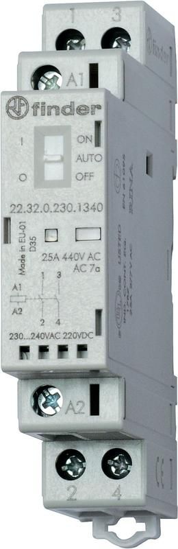 Контактор модульный 1NO + 1NC 25А AgSnO2 230В AC/DC 17.5мм IP20 мех. индикатор + LED FINDER 223202304520