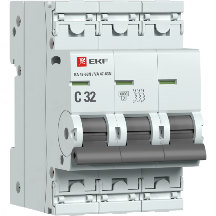 Выключатель автоматический 3п C 32А 6кА ВА 47-63N EKF PROxima EKF M636332C